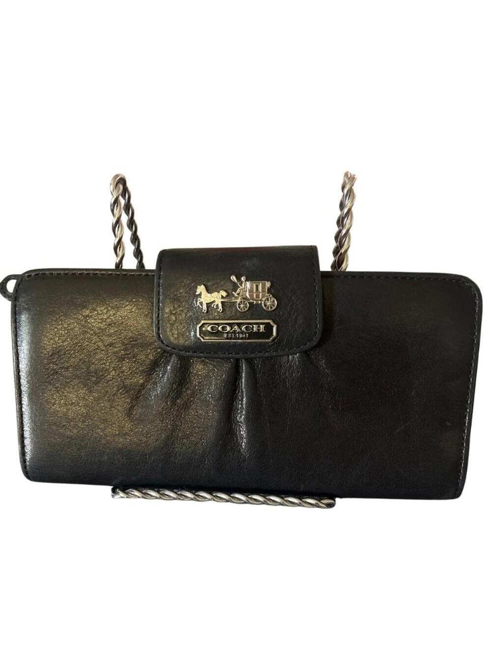 Coach Madison Black Leather Slim Envelope Wallet Pink Interior & Zip Pocket